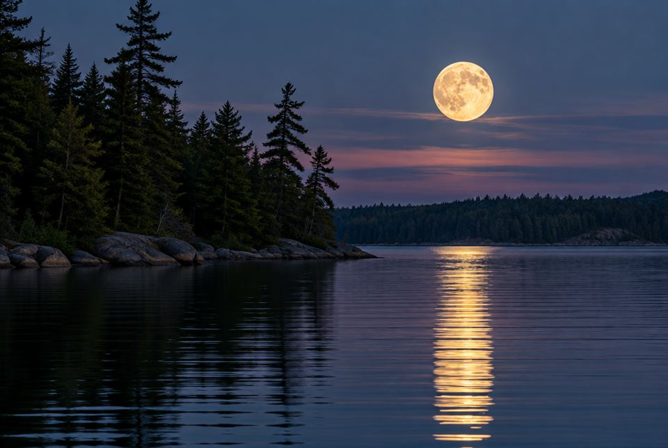 A big full moon shines over a calm lake with dark pine trees on the shore.