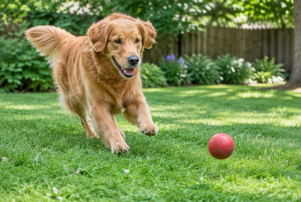 A golden retriever runs across a green backyard lawn chasing a red ball.