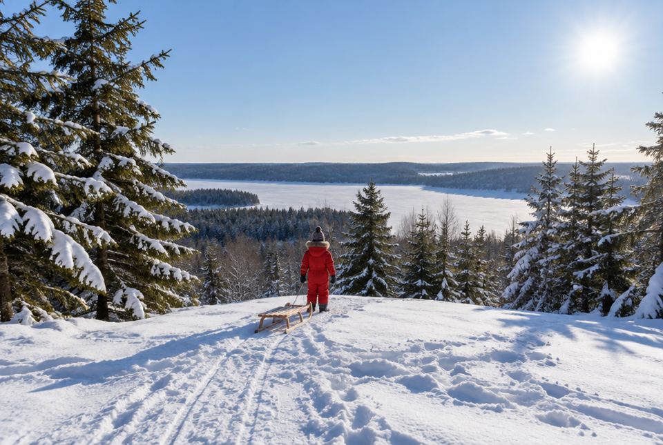 A child in a red snowsuit stands at the top of a snowy hill next to a wooden sled, seen from far away.