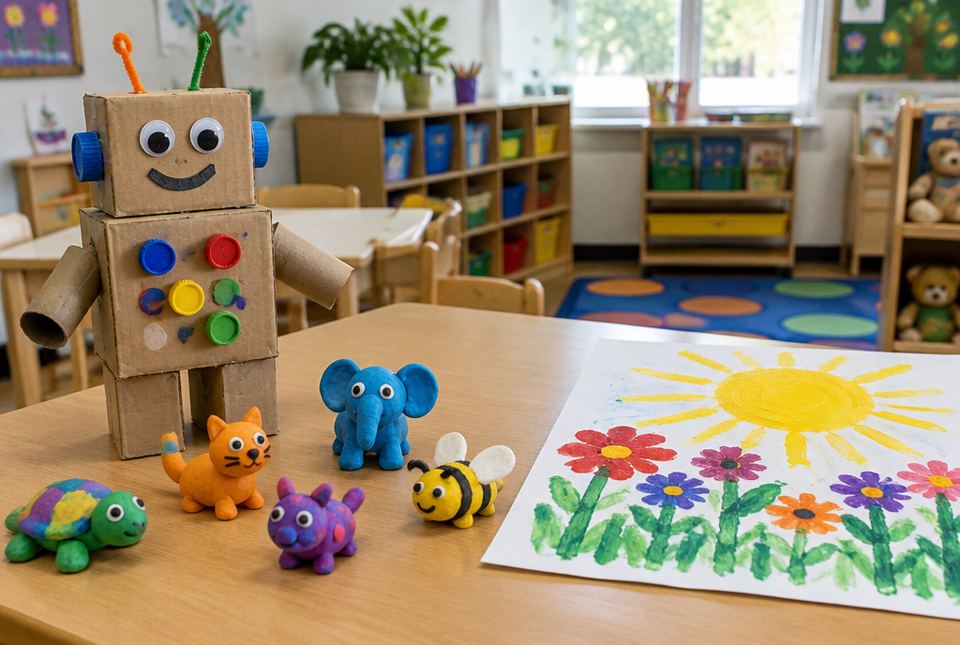 A table with a cardboard box robot, small clay animals and a painting of a sun and flowers.
